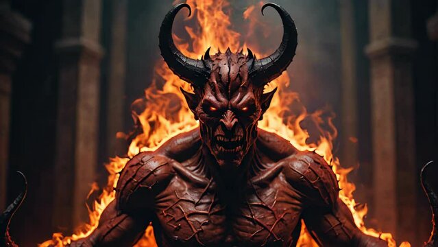 Hell demon, evil character on fire, Devil with flames and red skin and horns. Concept: Halloween image, playful and evil
