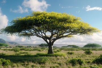 Obraz premium Towering acacia tree with umbrella-shaped canopy and thorny branches, perfect for African-themed designs