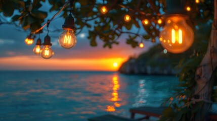 Fototapeta na wymiar Sunset Ambiance with Festive String Lights at Beach