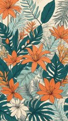 Summer Botanics, Floral and Leafy Line Art Background, Radiating Warmth and Tropical Charm.