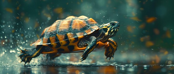 Turtle sprinting through city streets at night emphasizing speed and movement. Concept Urban Wildlife, Night Photography, Action Shots, Animal Behavior, Cityscape Wildlife - obrazy, fototapety, plakaty