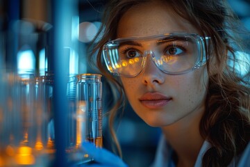 Curious female researcher in a lab setting looks through protective goggles with illuminated glassware