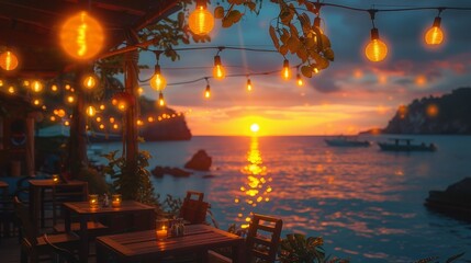 Sunset Ambiance with Festive String Lights at Beach