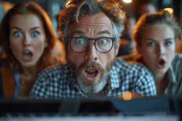 Obraz premium Three people sharing a moment of shock and disbelief while peering intently at a laptop