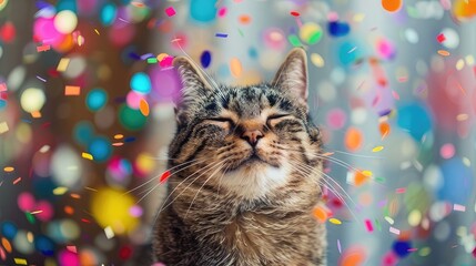 Whimsical Charm Funny Portrait of Happy Smiling Cat on Festive Background with Confetti, Radiating Joy and Playfulness
