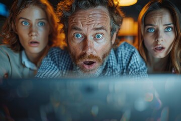 Obraz premium Office workers are captivated by screen visuals, with one in disbelief, displaying suspense and deep focus