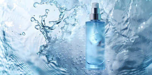 Mockup Bottle of facial toner floating in water. Product shot in blue colors on white background