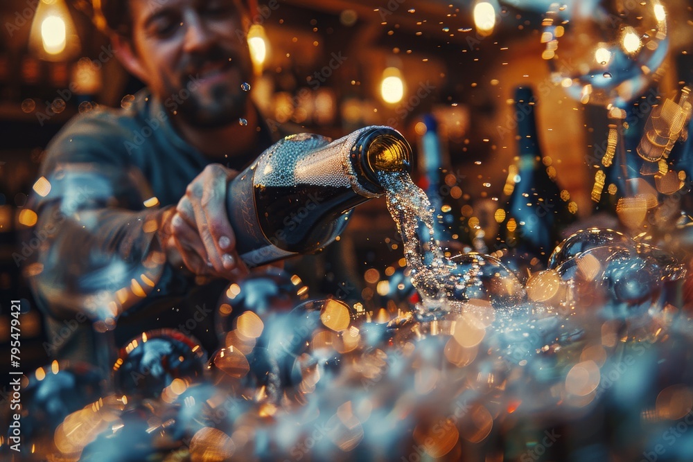Aufkleber a festive champagne pour captured with dynamic lighting and sparkling bokeh background