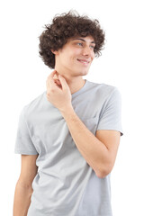 Fototapeta na wymiar Smiling and handsome, a young man with curly hair, he looks to the side with his blue eyes, a portrait of a guy wearing a T-shirt isolated against a white background