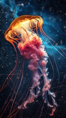 A close up of a glowing jellyfish with the vast expanse of a luminous nebula in the space background