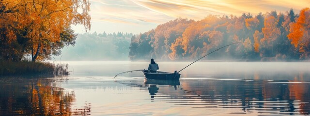 Serene Lake Fishing at Dawn

A tranquil morning scene with a solitary fisherman in a boat, casting a line on a calm lake surrounded by golden autumn trees. - obrazy, fototapety, plakaty