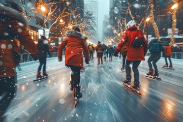 Obraz premium This photo captures the festive spirit of an urban ice skating rink, bustling with energy and winter joy
