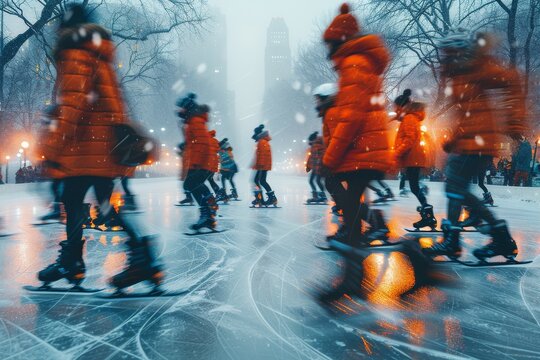 Evocative image capturing the lively atmosphere of urban ice skating against a backdrop of city lights and wintry skies