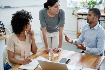 Group, business people and discussion for training in office meeting, coaching or editor learning...