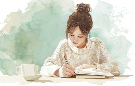 Art, anime and woman with notebook, illustration and graphic design with wallpaper, painting and creativity. Person, girl and artistic with drawing, calm thoughts and picture with cartoon and manga