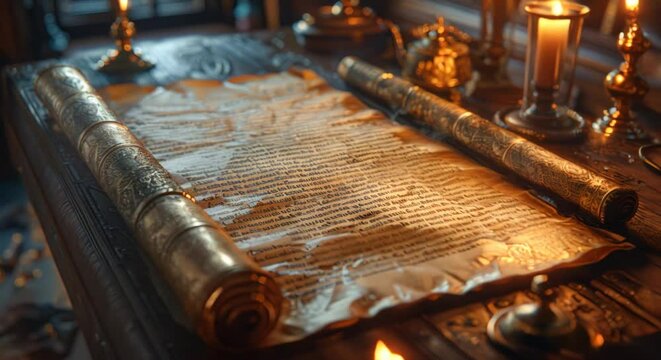A scroll of paper with gold embossing sits on a table