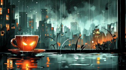Enchanting Cityscape Reflections in Rain with Warm Halloween Cup of Tea at Twilight.