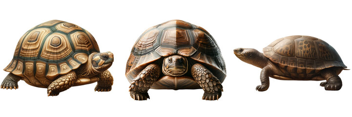Set of Three turtles are shown in a row, with the middle turtle being the largest, turtle sea, isolate on white background.