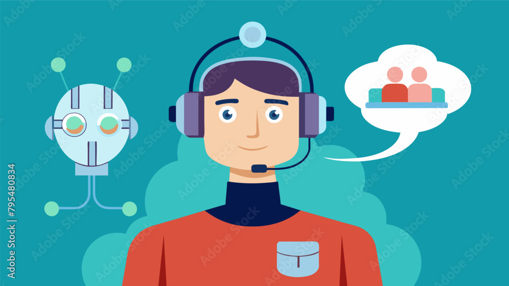 Poster a man wearing a headset with electrodes attached to his scalp a robot beside him responding to his m
