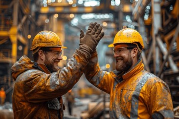 Two construction workers in safety gear high-five in a factory, showcasing teamwork and safety