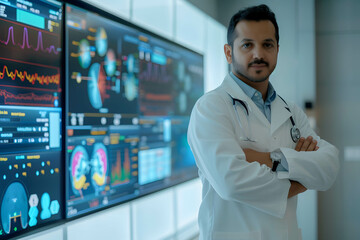 Investing in healthcare stock sector and fund, confident doctor in front of financial data chart and graph screen, healthcare data