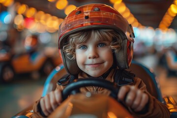 Young boy with curly blond hair and a helmet, enjoying a thrilling ride in a go-kart at an amusement park