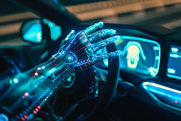 Autonomous driving technology concept, using AI to participate in vehicles to create road safety, robotic hand holding steering wheel