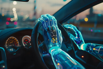 Autonomous driving technology concept, using AI to participate in vehicles to create road safety, robotic hand holding steering wheel