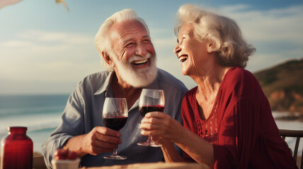 pensioners on the seashore drink red wine from glass glasses and laugh