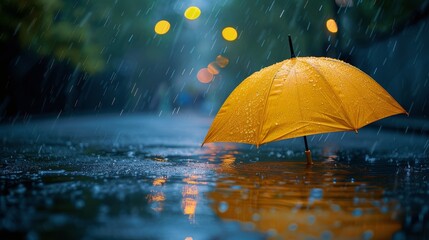 Yellow Umbrella in Puddle of Water