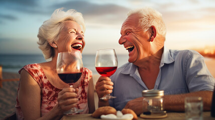 pensioners on the seashore drink red wine from glass glasses and laugh