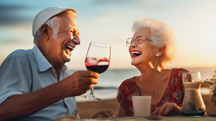 elderly people on the seashore drink red wine from glass glasses and laugh