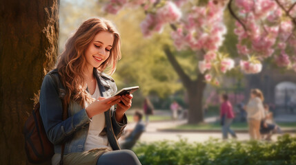 a young woman in the park under the trees reading on her phone