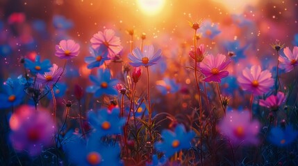 Field of Pink and Blue Flowers With Sun