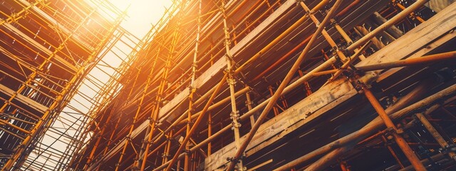 A radiant low-angle perspective captures the complexity of wooden scaffolding against a bright sky, symbolizing construction progress.