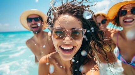 Energetic group selfie in the sea with splashes, smiles and sunglasses