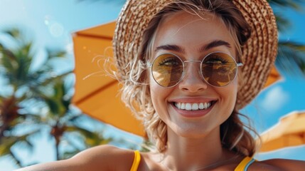Close-up of a smiling young woman wearing a straw hat and reflective sunglasses, sunny backdrop - Powered by Adobe