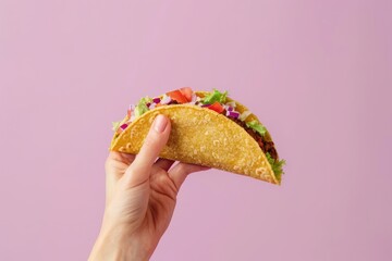 Minimalist photo advertisement, hand holding a taco, solid pastel purple background, perfect studio lighting, , 3d lilustration