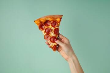 Minimalist photo ad of a hand clutching a slice of pepperoni pizza, solid pastel green background, studio lighting, , moody lighting - obrazy, fototapety, plakaty