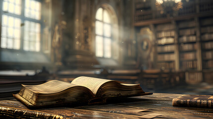 An old open book and vintage books on a wooden table in an blurred old library background. Teachers day. Back to school. Student day