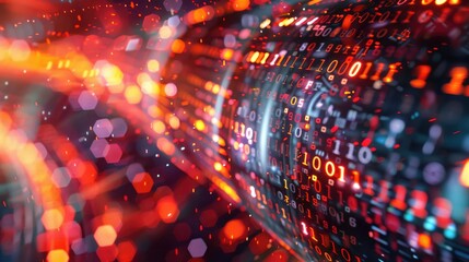 Obraz premium Quantum computing core radiating energy, with detailed data streams and abstract, colorful algorithmic patterns in the background, , moody lighting