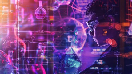 Background illustration of a male chemical scientist conducting experiments in a laboratory, with a hologram screen displaying chemical formulas.