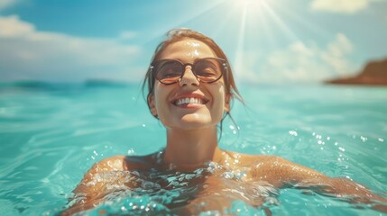 A glowing woman smiles in the sunlight, enjoying a refreshing swim