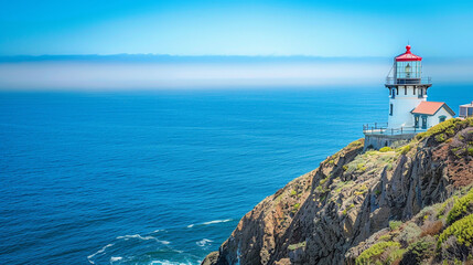 Fototapeta na wymiar A lighthouse on the edge of an ocean cliff, overlooking blue waters and sandy beaches 