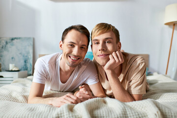 Fototapeta premium Two men in casual attire lay on a bed, sharing a moment of intimacy and connection.