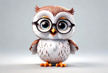  Adorable 3d rendered cute happy smiling and joyful baby owl wearing glasses cartoon character on white backdrop