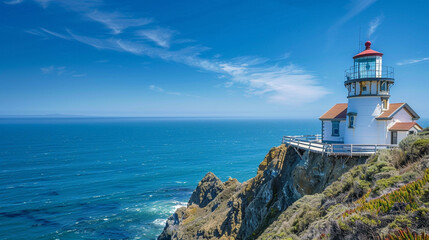 Fototapeta na wymiar A lighthouse on the edge of an ocean cliff, overlooking blue waters and sandy beaches 