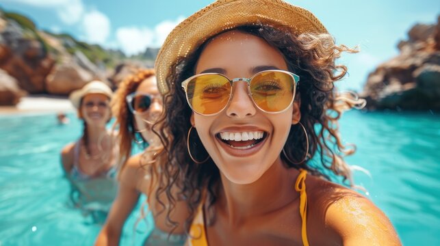 Cheerful woman in a yellow swimsuit having a good time with friends in clear blue sea