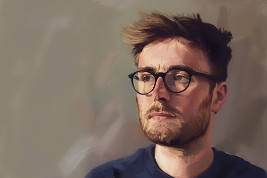 painted illustration of a handsome young man wearing glasses