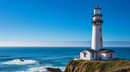 A lighthouse on the edge of an ocean cliff, overlooking blue waters and sandy beaches 